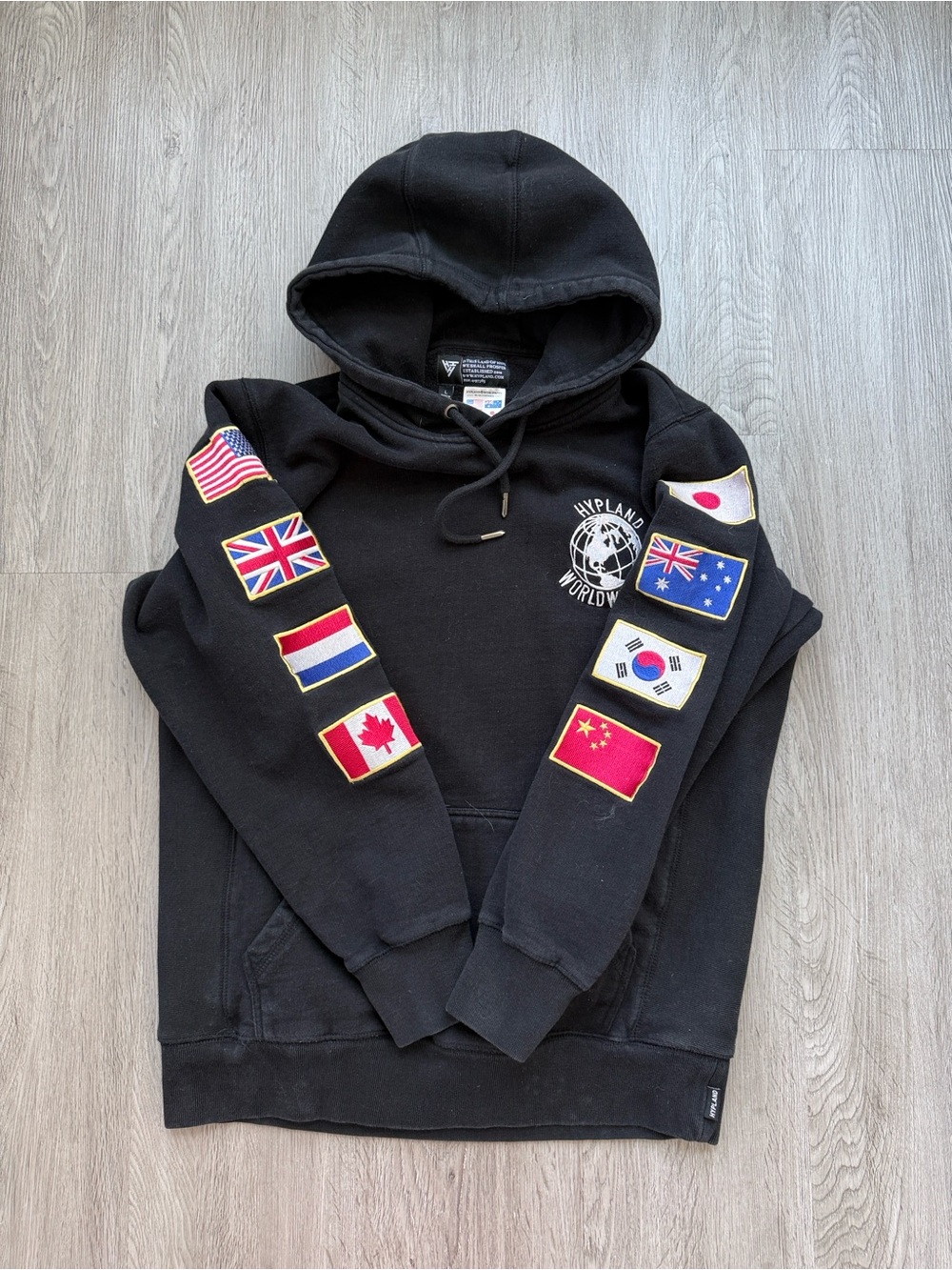 Hypland Black Crewneck Hoodie with International Flag Patches